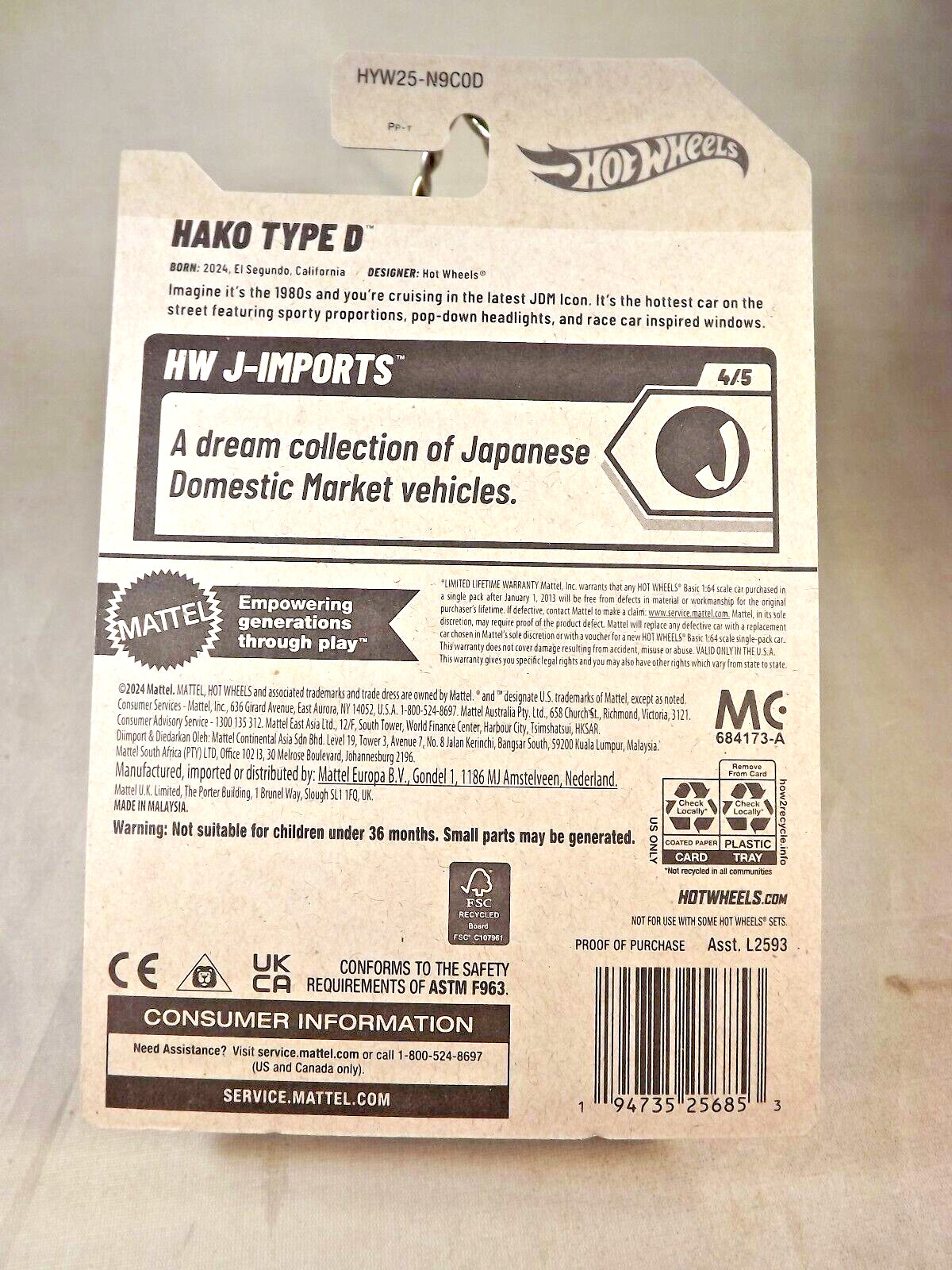 2025 Hot Wheels #98 HW J-Imports 4/5 HAKO TYPE D White w/Gray PR3 Spoke Wheels