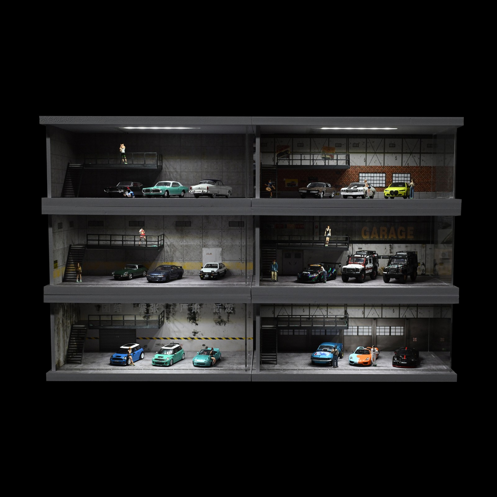 1/64 Diorama Diecast Garage Model Parking Lot Scene LED Lighting Display Case US