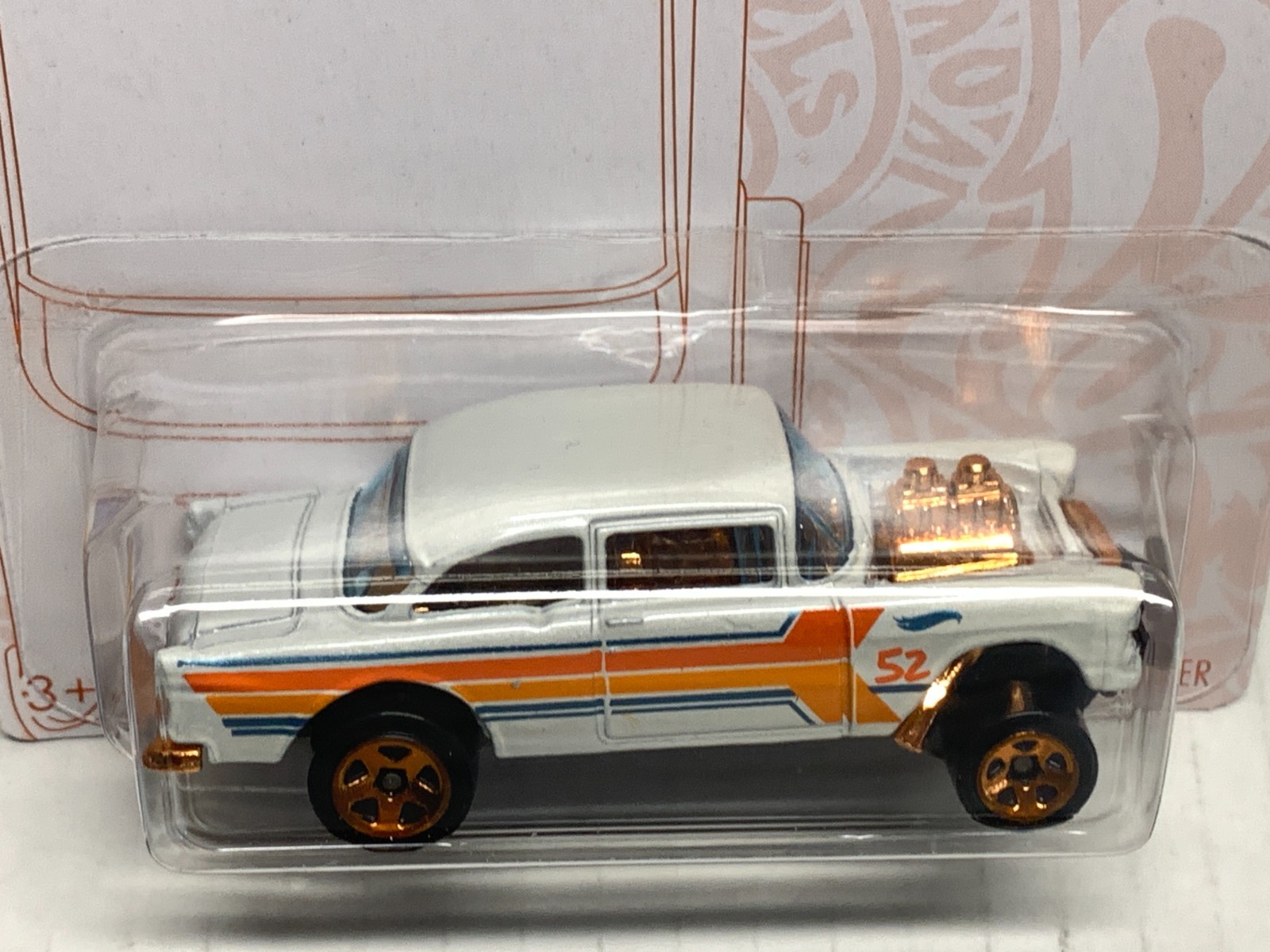 HOT WHEELS 55 CHEVY BEL AIR GASSER X2. 2020 WHITE & 2024 ORANGE.ON CARD