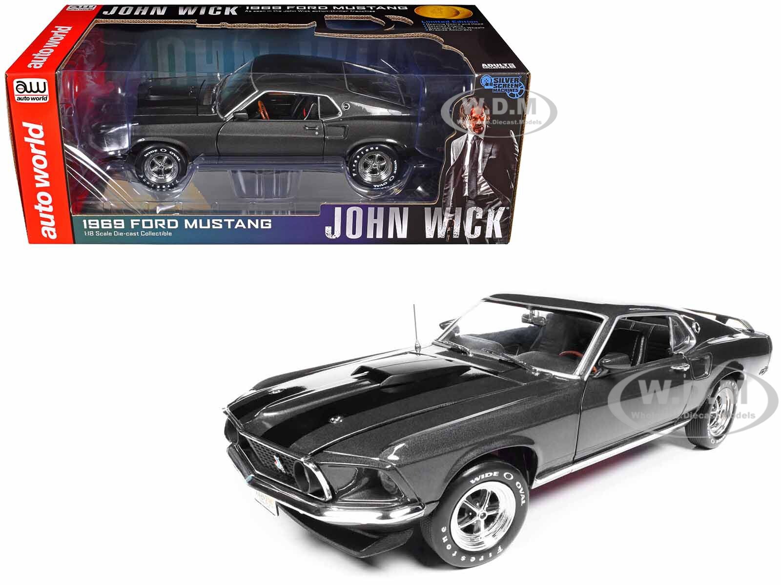 1969 FORD MUSTANG DARK GRAY “JOHN WICK” 1/18 DIECAST MODEL BY AUTO WORLD AWSS145