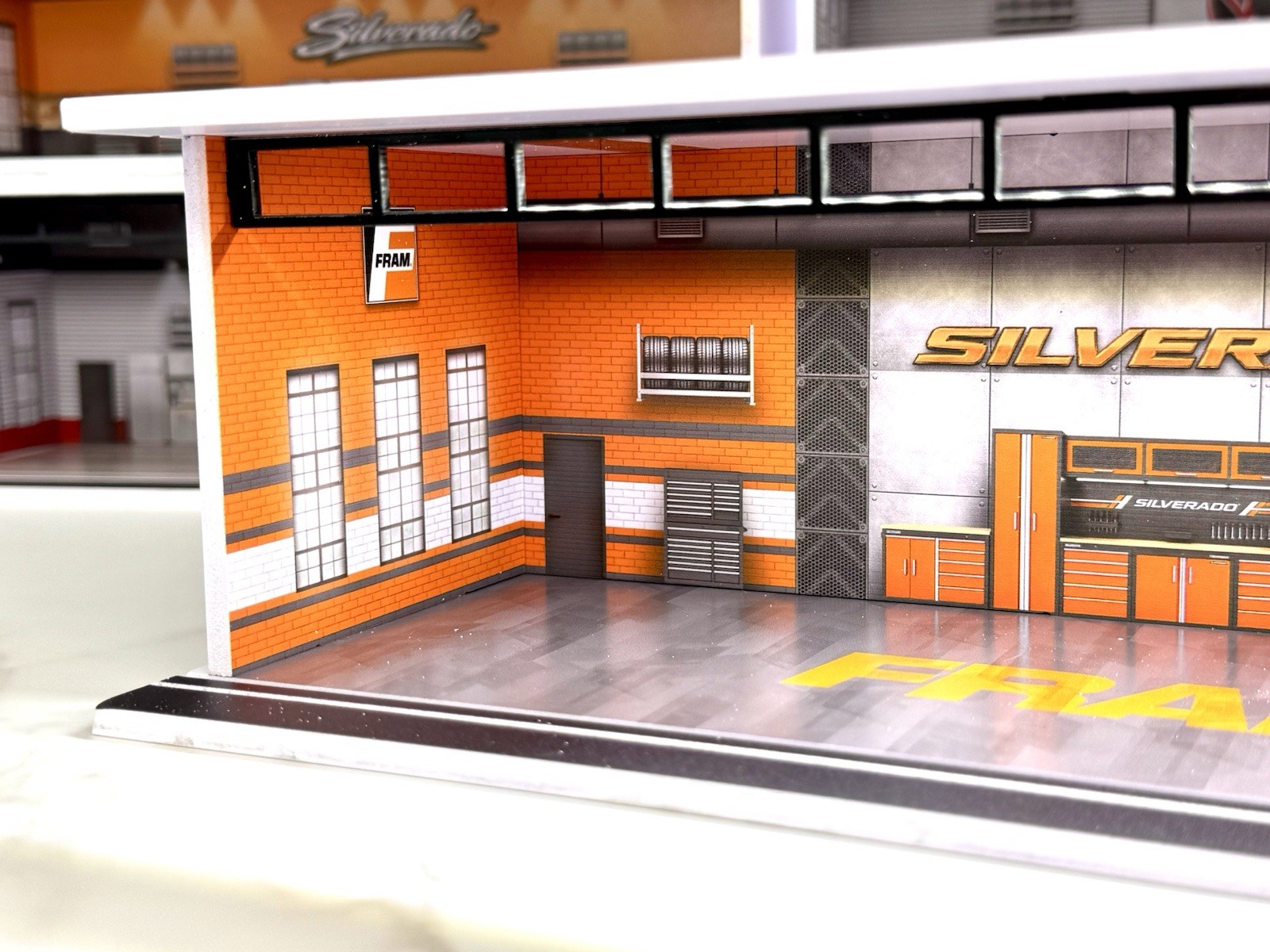 Orange Fram For 83 Silverado Themed Diorama 1:64 Scale Model Garage LED Lighting