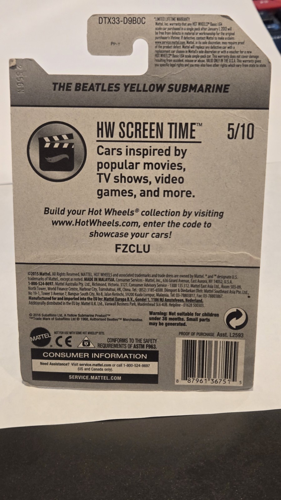 Hot Wheels The Beatles Yellow Submarine Movie HW Screen Time Blister Pack NEW