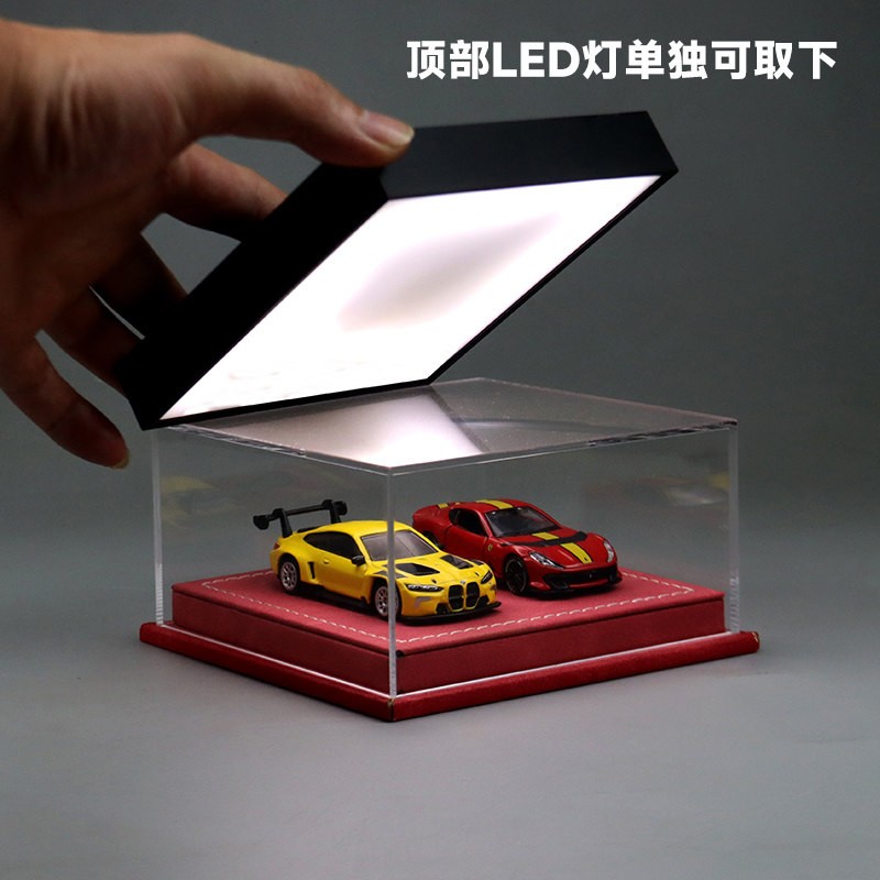 Diorama 1:64 Car Model Collection LED Display Case Leather Acrylic Dust Cover