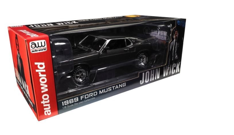 1969 FORD MUSTANG DARK GRAY “JOHN WICK” 1/18 DIECAST MODEL BY AUTO WORLD AWSS145