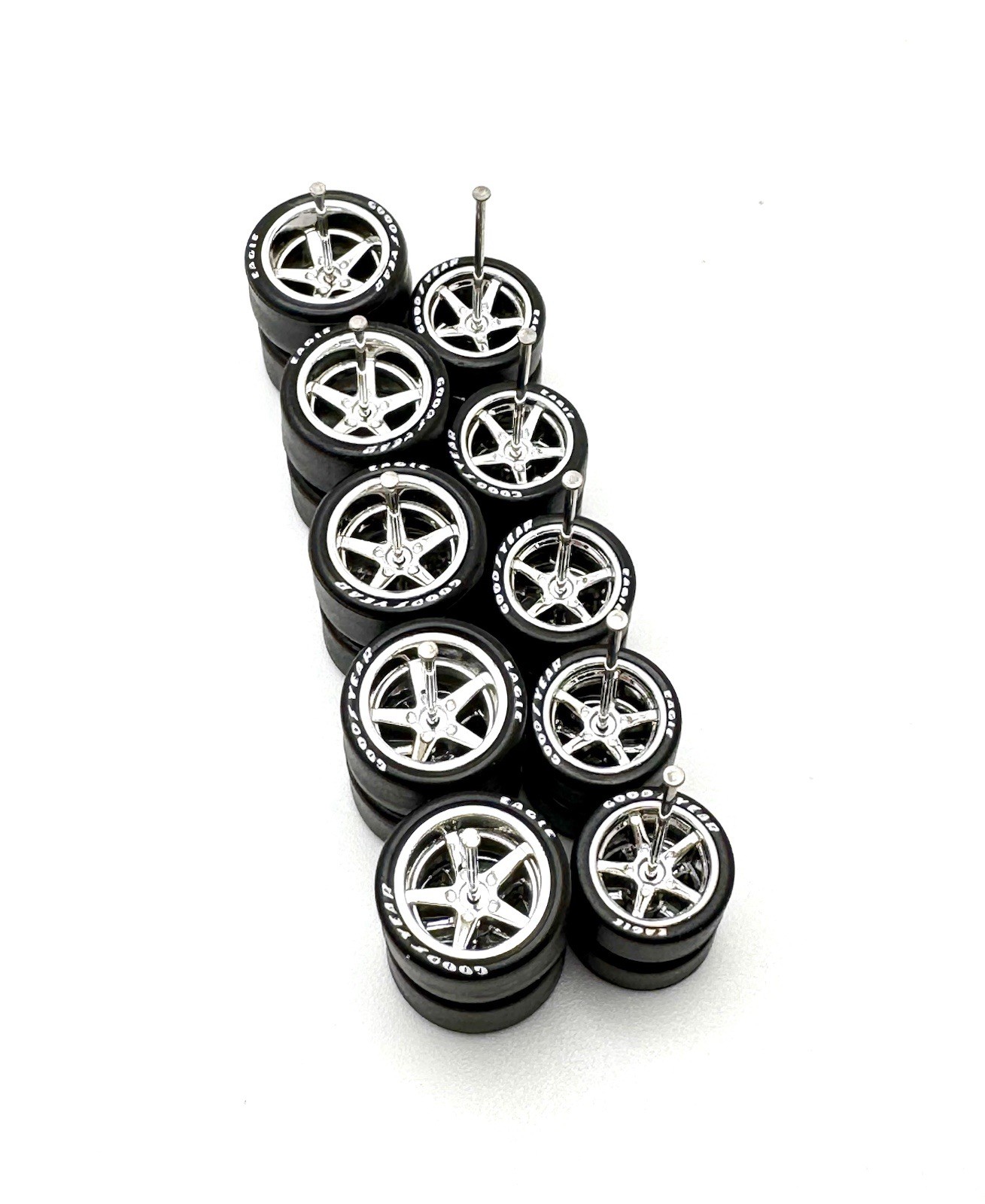 5x PACK Chrome Advan V2 11/13mm Size Wheels W/ Rubber Lettered Tires for 1/64 HW