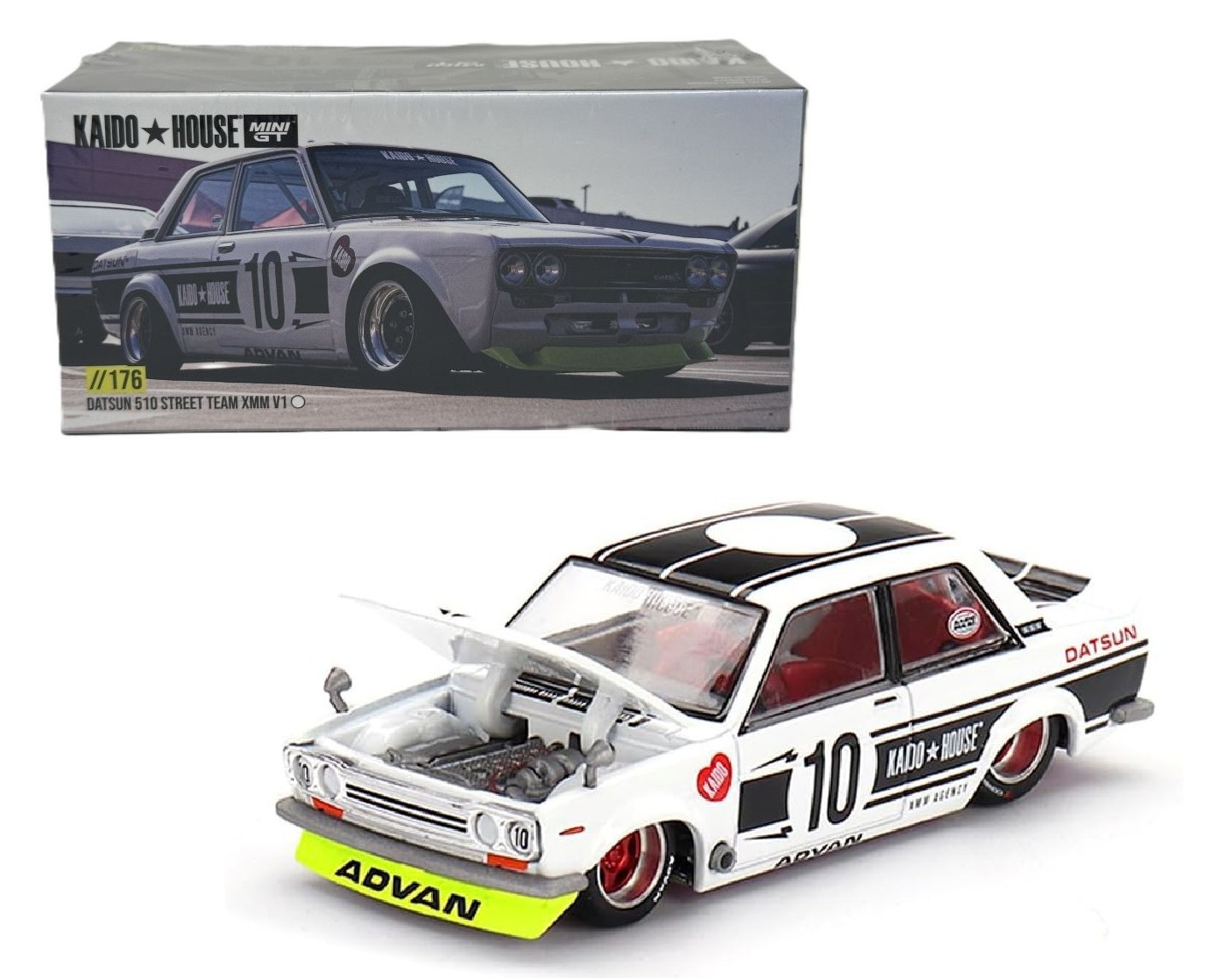 Kaido House x Mini GT 1:64 Datsun 510 Street Team XMM V1 White Advan KHMG176