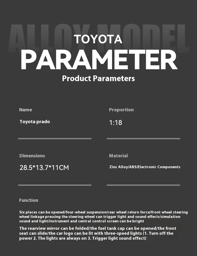 1/18 Toyota Land Cruiser Prado GX White Diecast Model Car Gifts For Friends