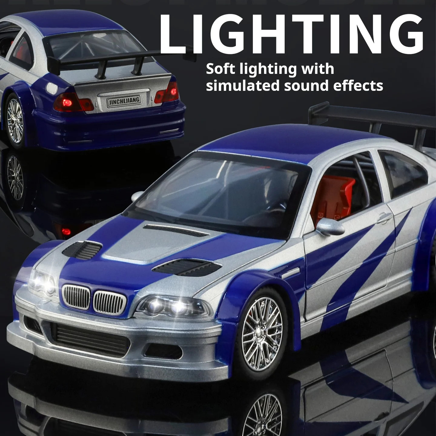 1:24 BMW M3 GTR E46 Alloy Muscle Diecast Car Model Sound Light Birthday Gift Toy