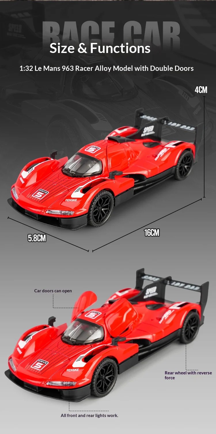 1:32 Porsche 963 alloy racing car model simulation sound and light suitable