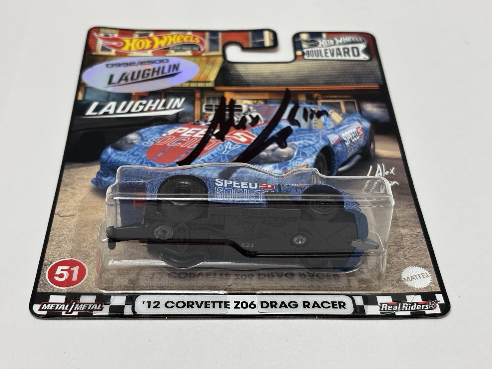 Hot Wheels Boulevard #51 Signed Laughlin ’12 Corvette Z06 Drag Racer (Blue) CASE