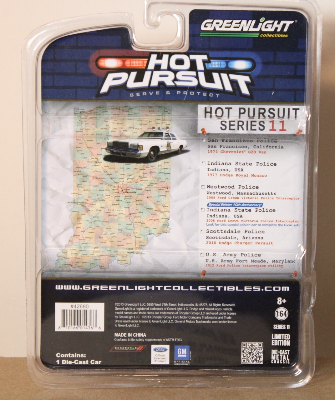 1:64 Greenlight *HOT PURSUIT #11* 1977 Dodge Royal Monaco INDIANA STATE POLICE