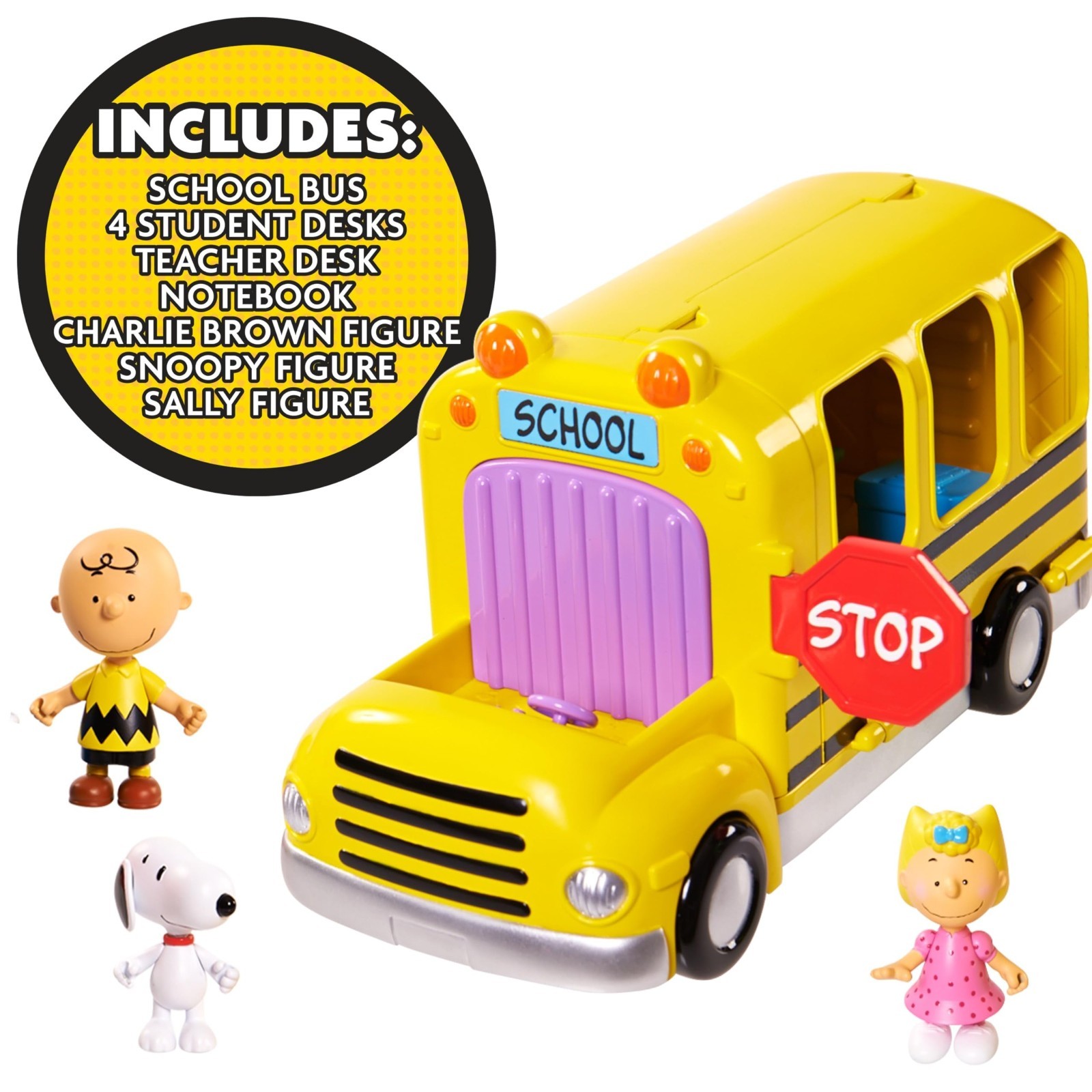 Interactive School Bus Toy Set – 11-Piece Charlie Brown, Snoopy & Sally Figures