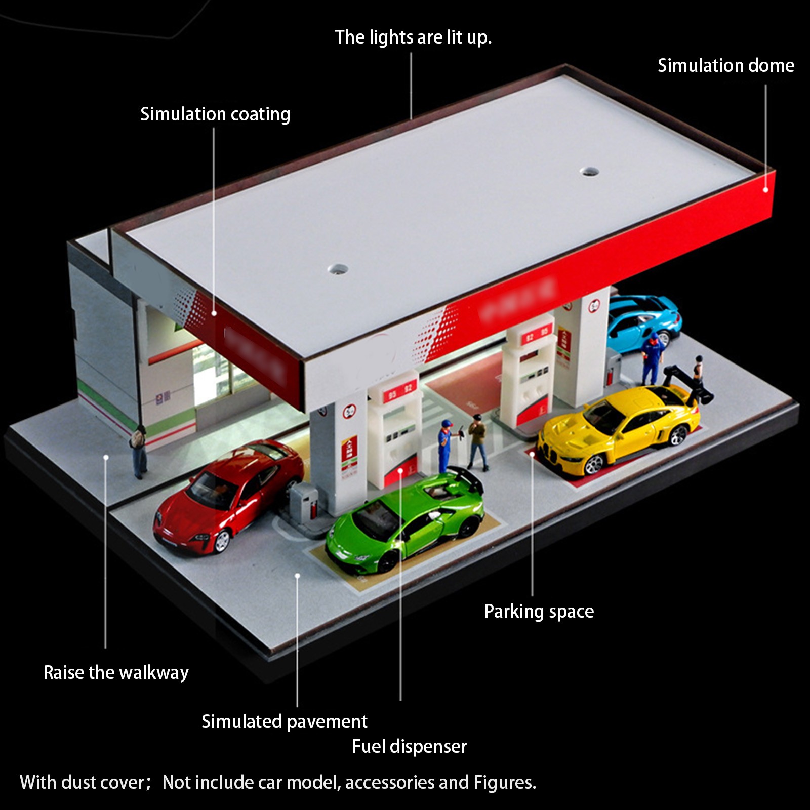 1/64 Diorama Car Garage Model LED Lighting Gas Stations Parking Lot Scene Model