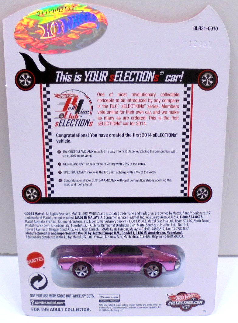 Hot Wheels Red Line Club 2014 Custom AMC AMX Pink Limited Edition 1820-3126