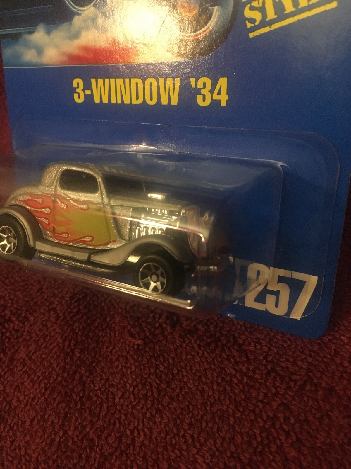 1991 Hot Wheels Blue Card #257 3-Window 34 Silver w/Chrome 7 Spoke Windows