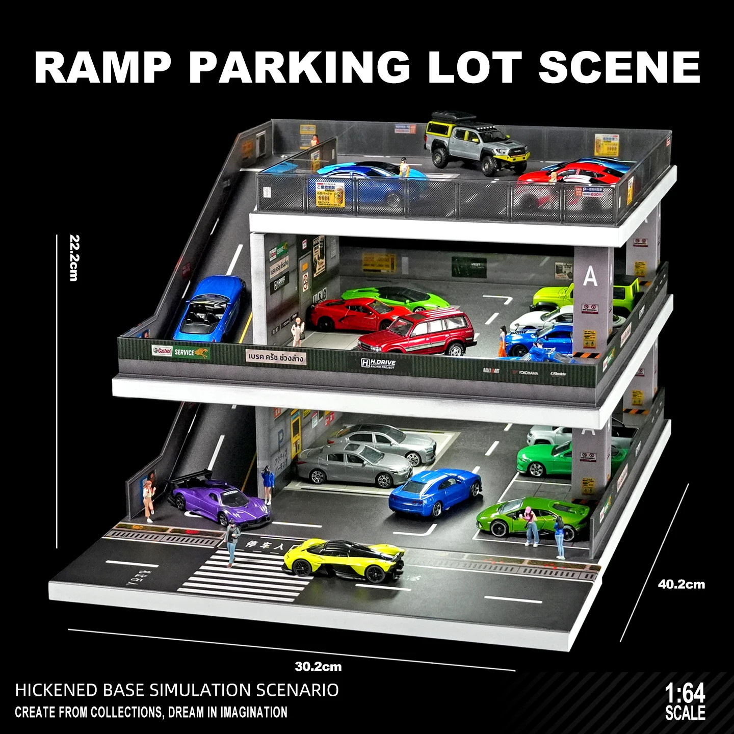 1/64 Diorama Diecast Car Garage Model LED 3-Layer Parking Lots Building Scene US