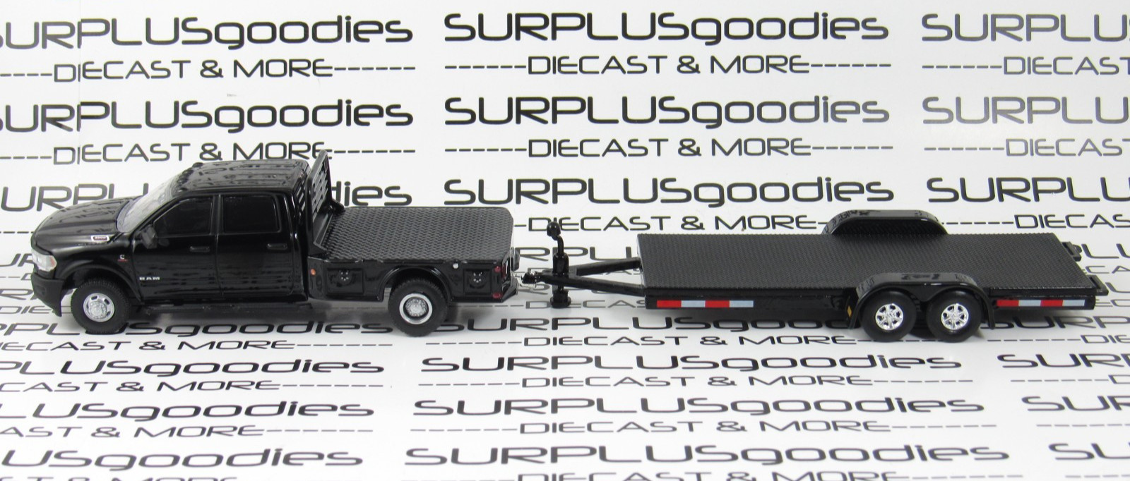 Greenlight Black 2023 DODGE RAM 3500 Flatbed Dually Pickup w/Open Car Trailer