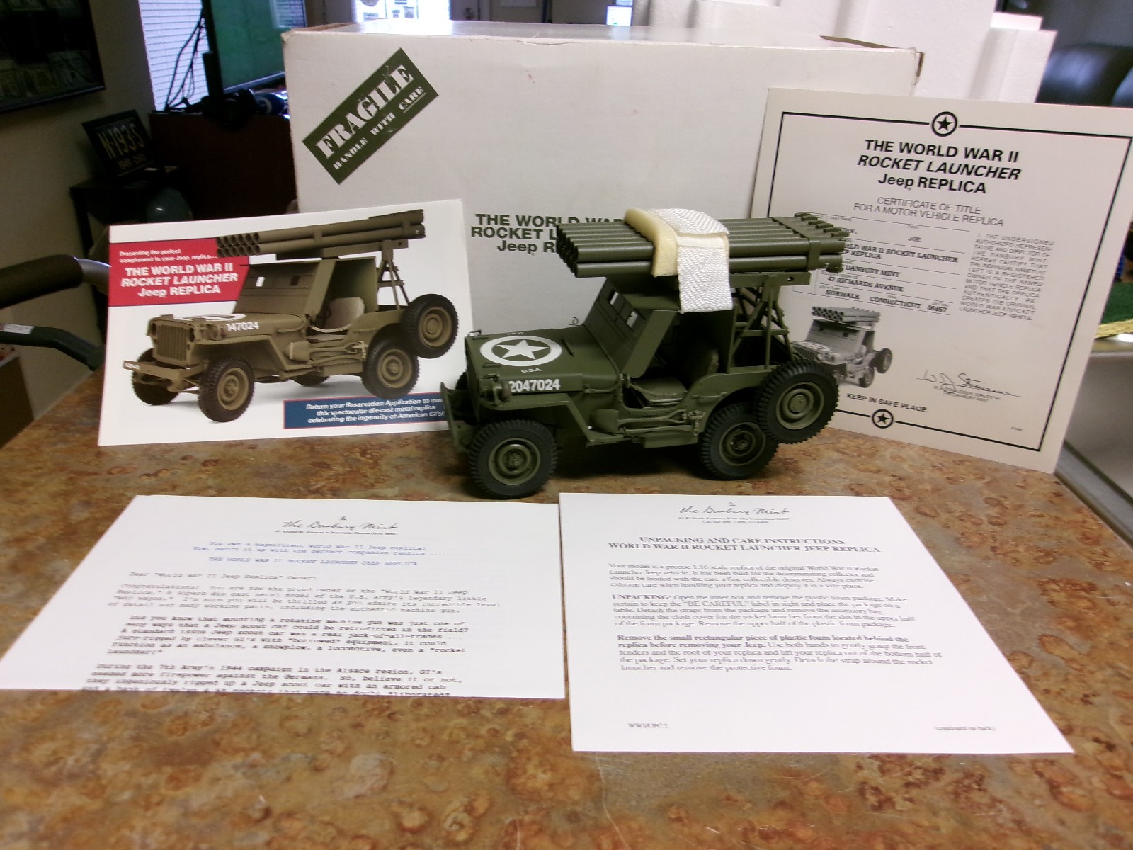 Danbury Mint World War II Jeep Replica W/Rocket Launcher 1:16-Full Package-NEW!
