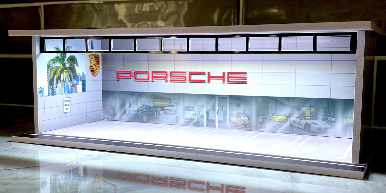 NEW Porsche Dealer Theme FOR Hot Wheels 1:64 Model Diorama Garage LED Lighting!