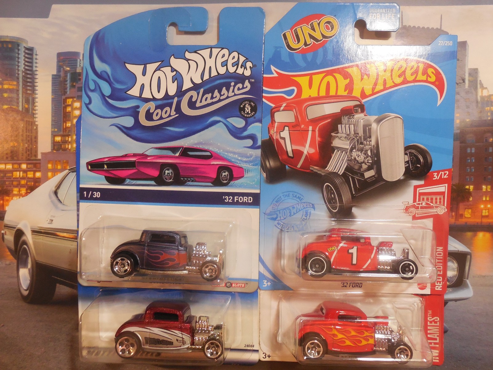 Hot Wheels ’32 Ford Lot 4 COOL CLASSICS RED EDITION FLAMES UNO RAT ROD FREE SHIP