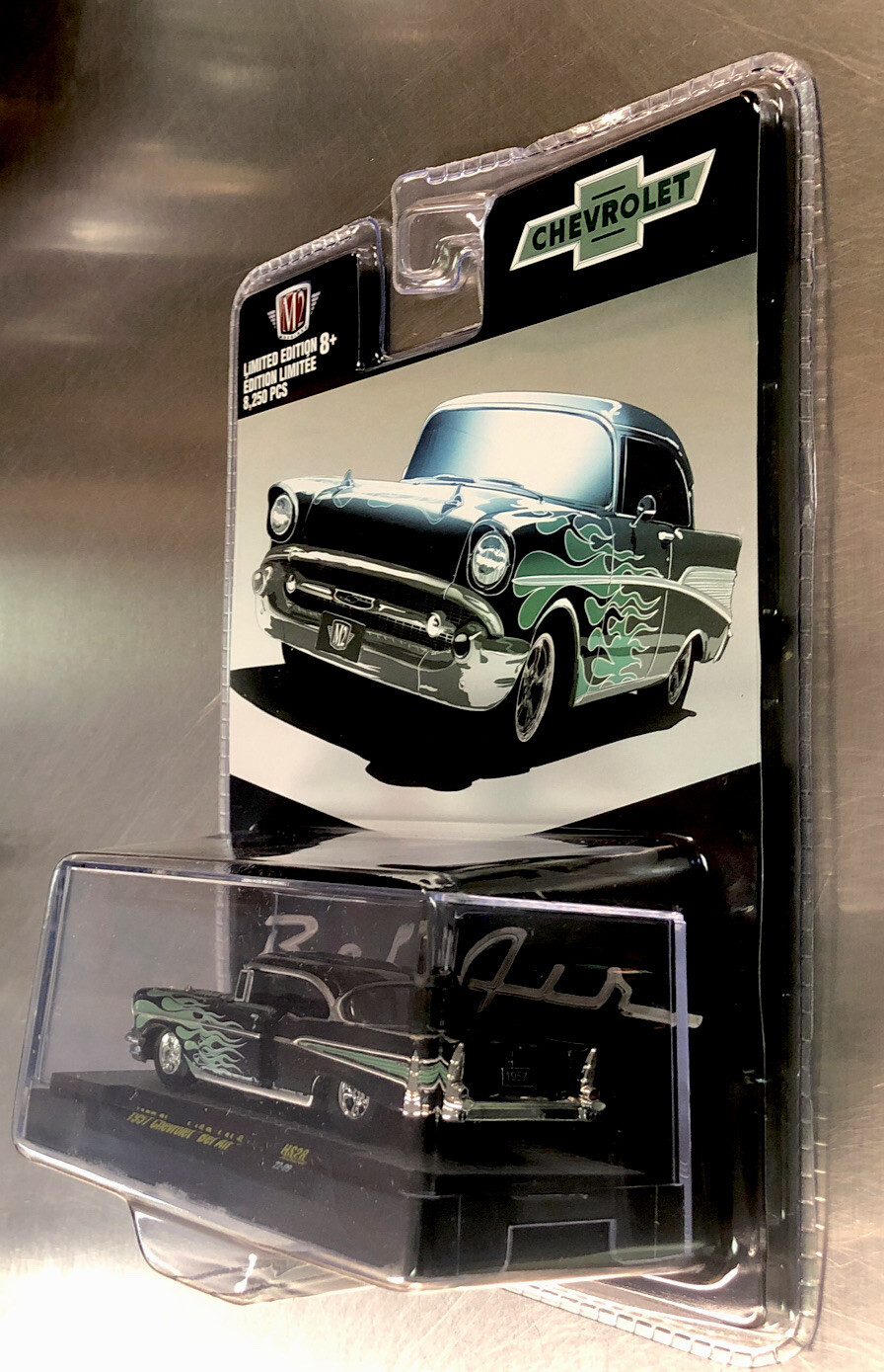 M2 MACHINES 1957 CHEVY BEL AIR HS28 BLACK WITH FLAMES 1/64 SCALE RUBBER TIRES