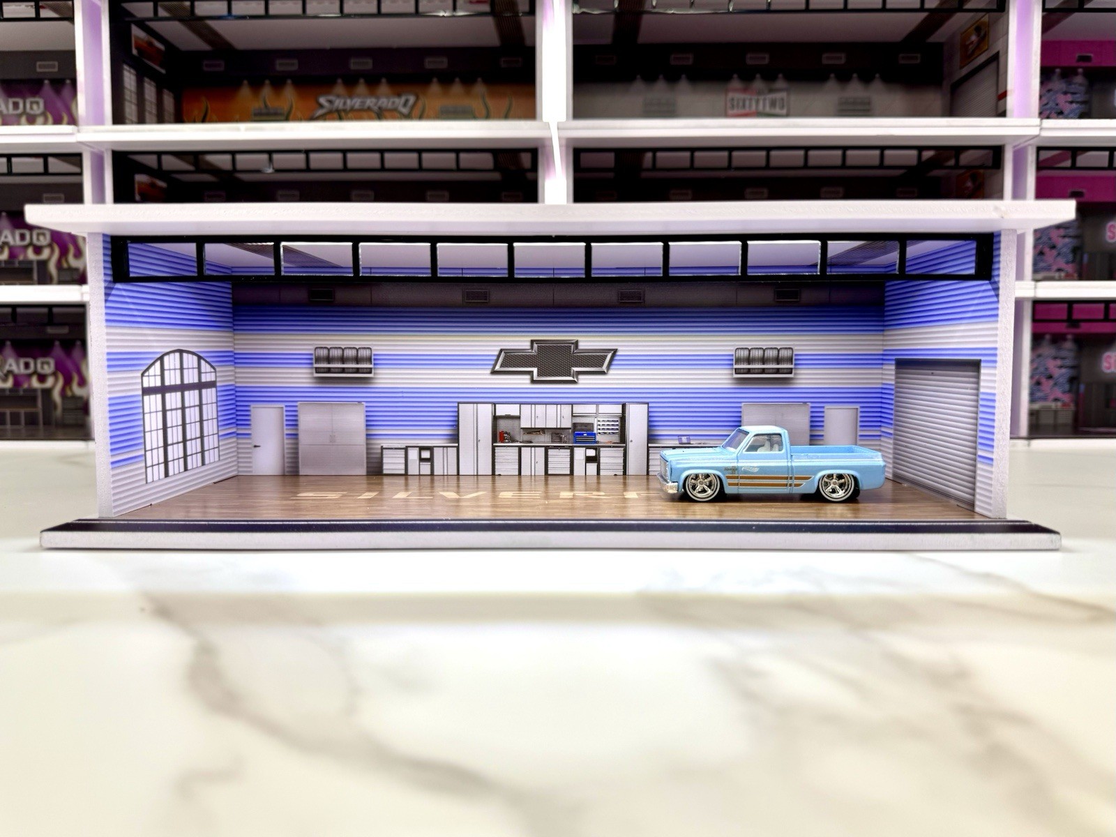 Light Blue 83 Silverado HW Theme Diorama 1:64 Scale Model Garage LED Lighting!