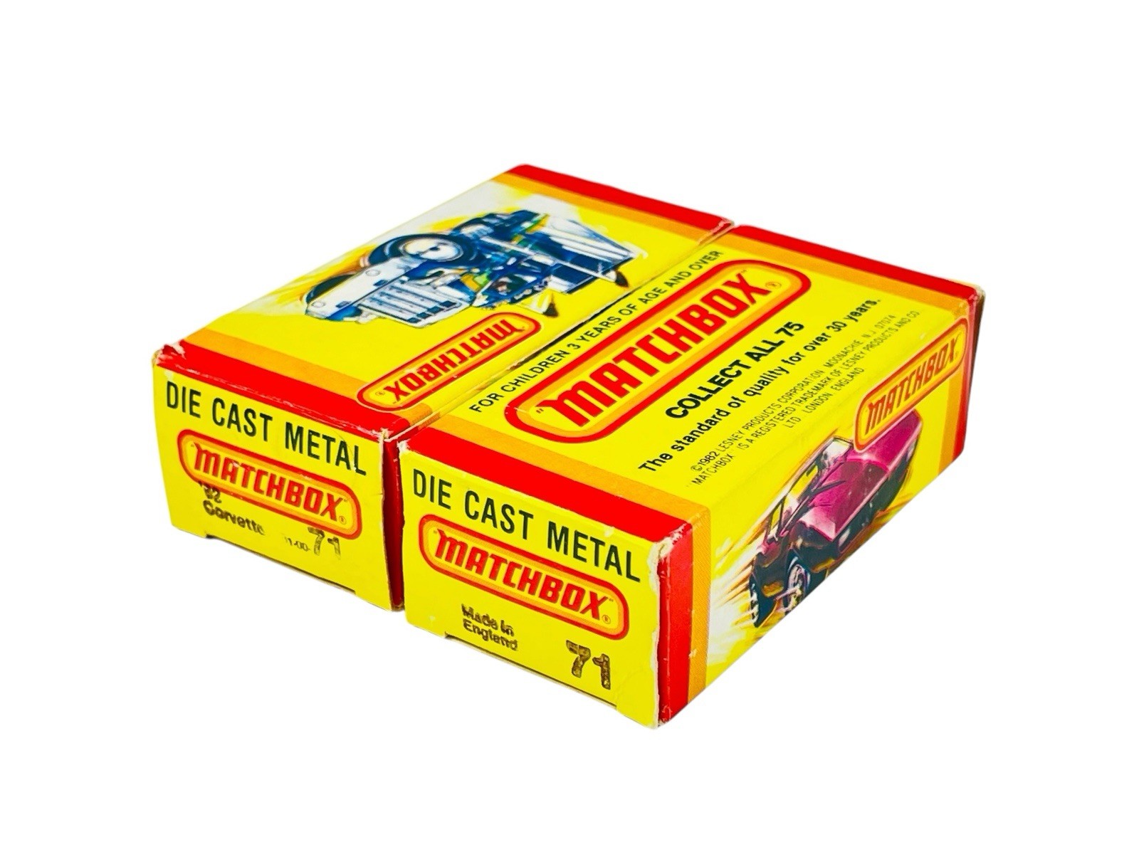 Matchbox Lesney Superfast (2) Varied MB71 1962 Chevy Corvettes w/Yellow Boxes