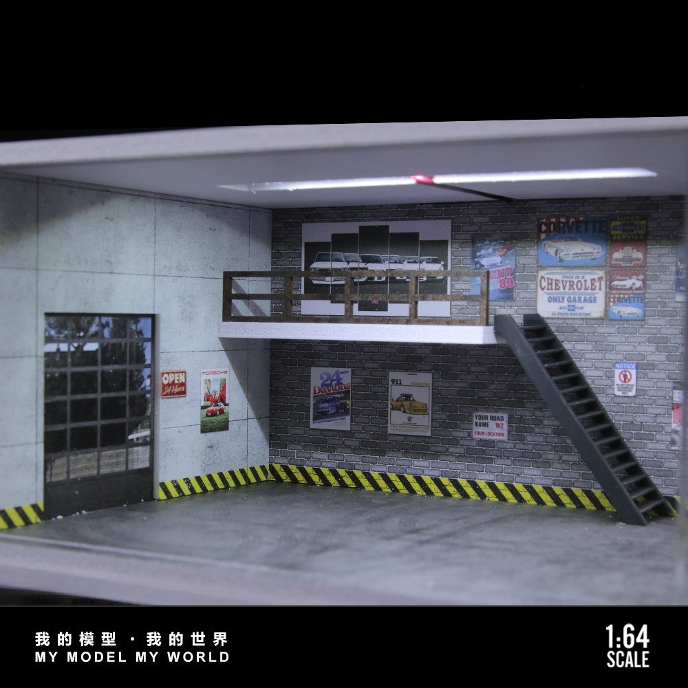 1/64 Garage Diorama Diecast Car Display Case LED Lighting Parking Lot Scene US