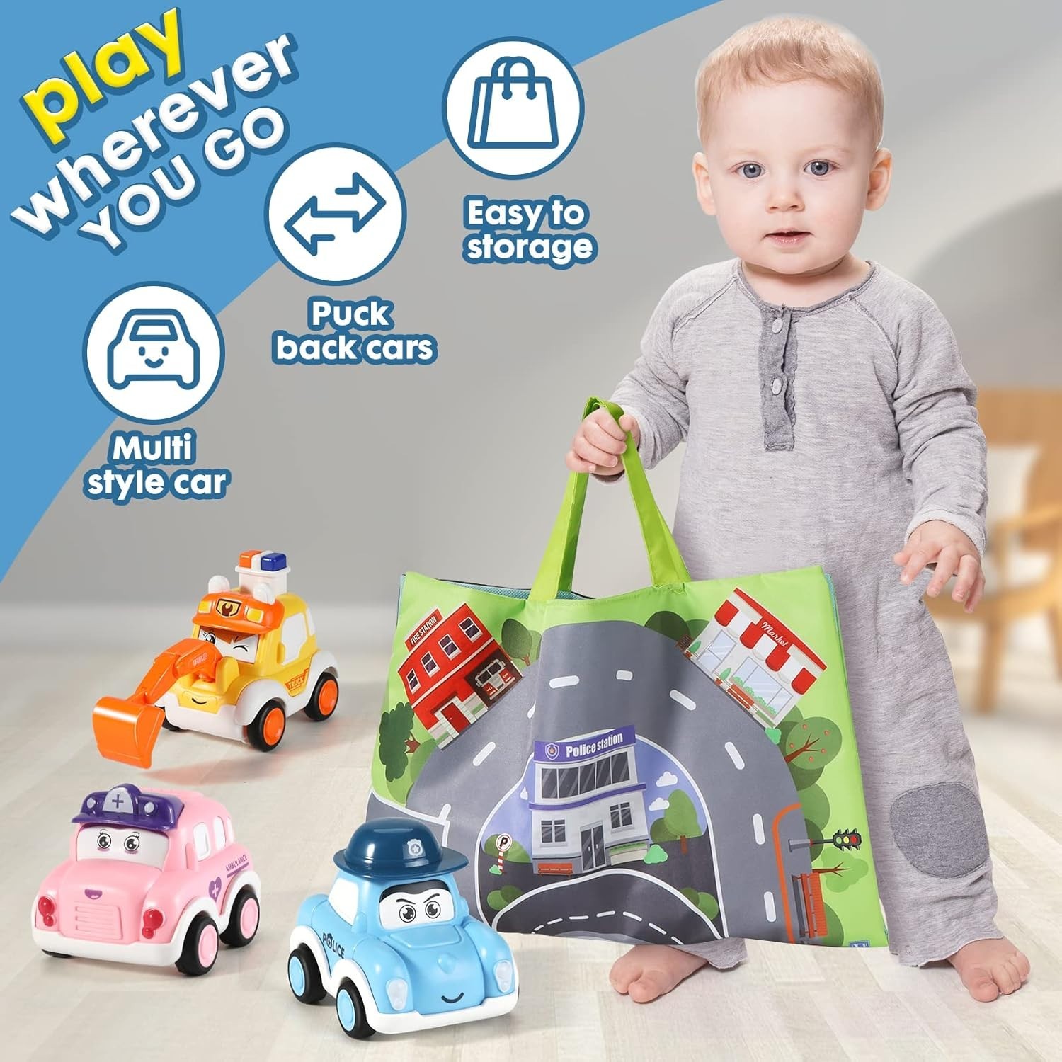 8Pcs Cartoon car Pull Back Toys, Kids car vehicle Set with Mat & Storage bag UK