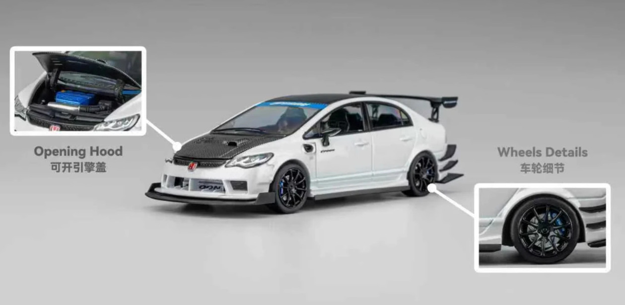MT 1/64 Metal HONDA CIVIC FD2 SPOON Sport W/Interior/Engine Model Car -WHITE-