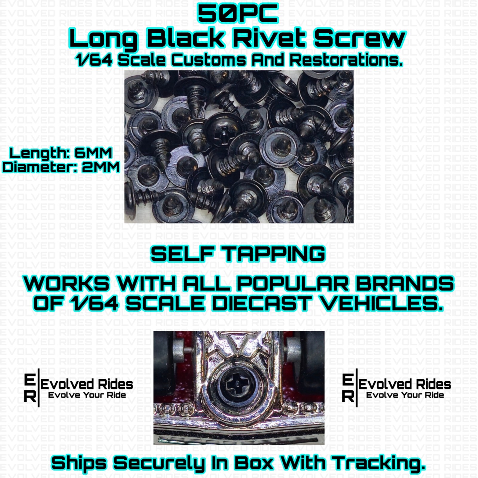 50PC Long Rivet Screw Self Tap Black For 1/64 Scale Customs Restorations
