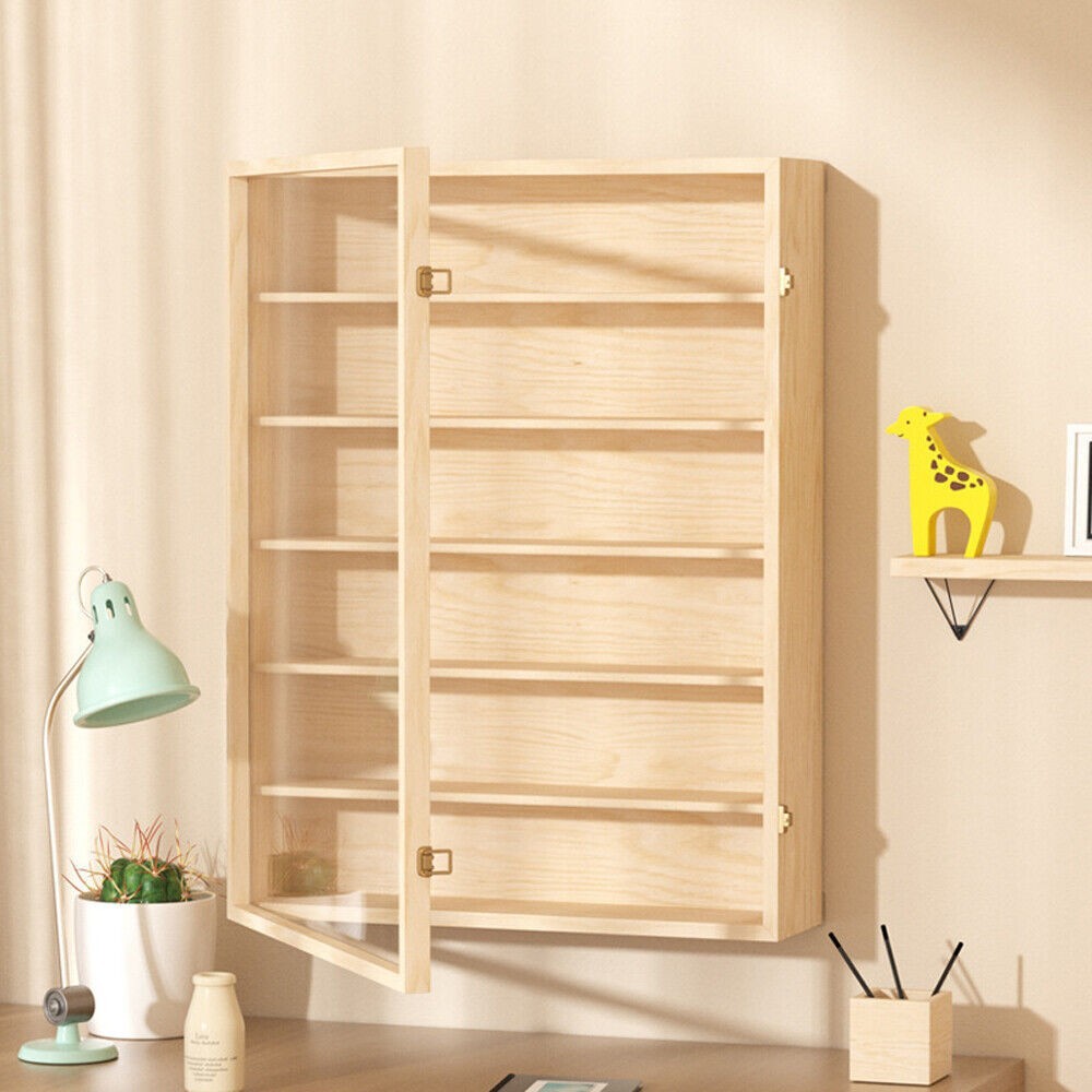 6-Tiers Wooden Wall Display Case Lockable Cabinet for Model Toy Collection Stand
