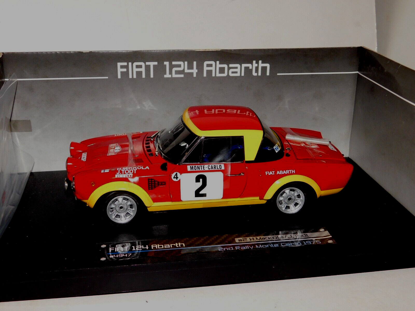 FIAT 124 ABARTH #2 RALLY MONTECARLO 75 MIKKOLA SUN STAR 49 47 1:18