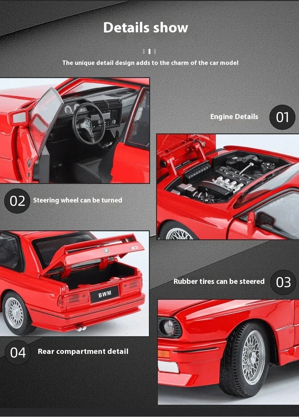 1:24 1988 BMW M3 E30 Diecast Alloy Sports Car Model Sound & Light Collectible