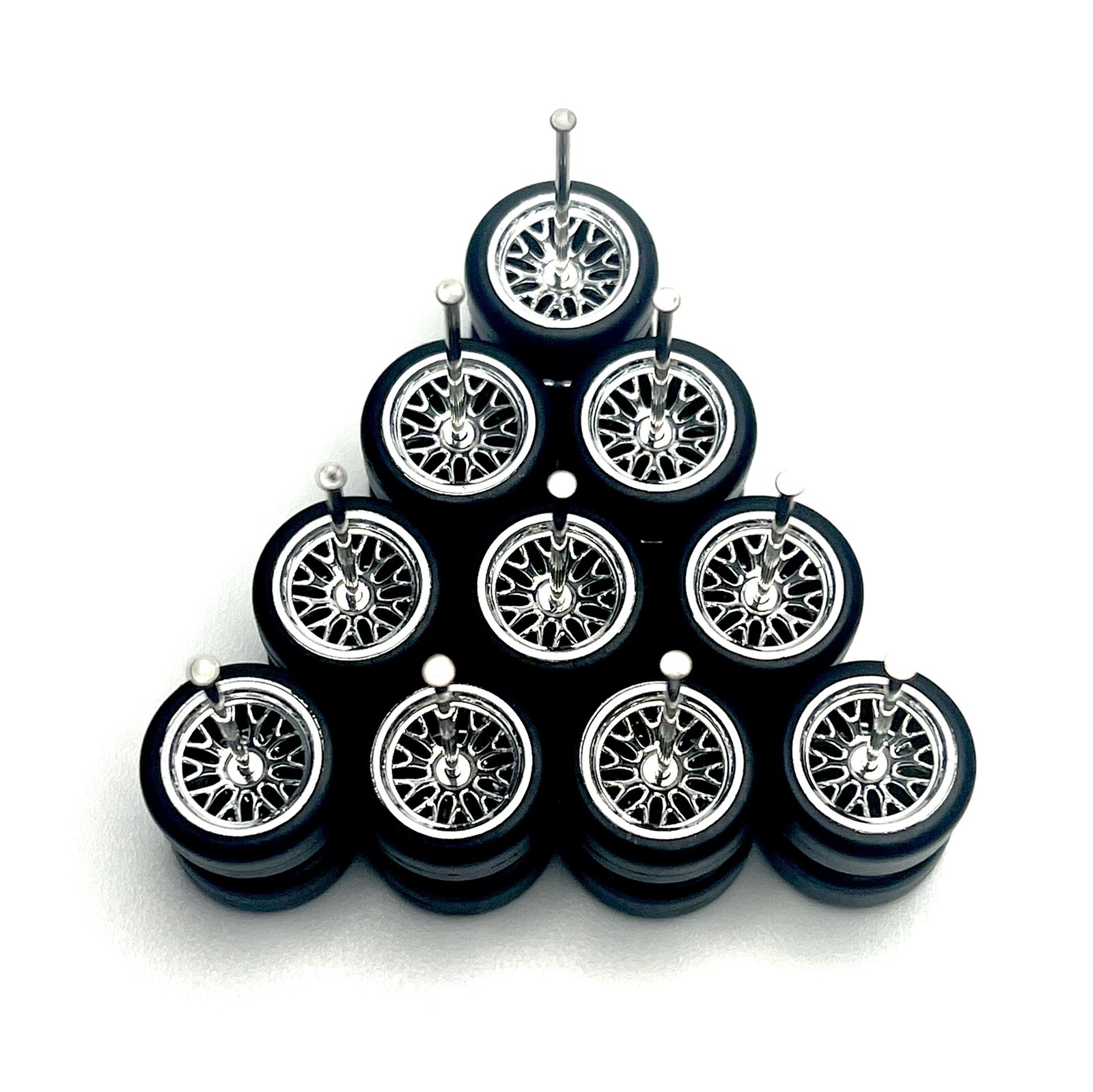 5x Sets Chrome BBS Real Rider Wheels With Rubber Tires For 1/64 Scale Cars