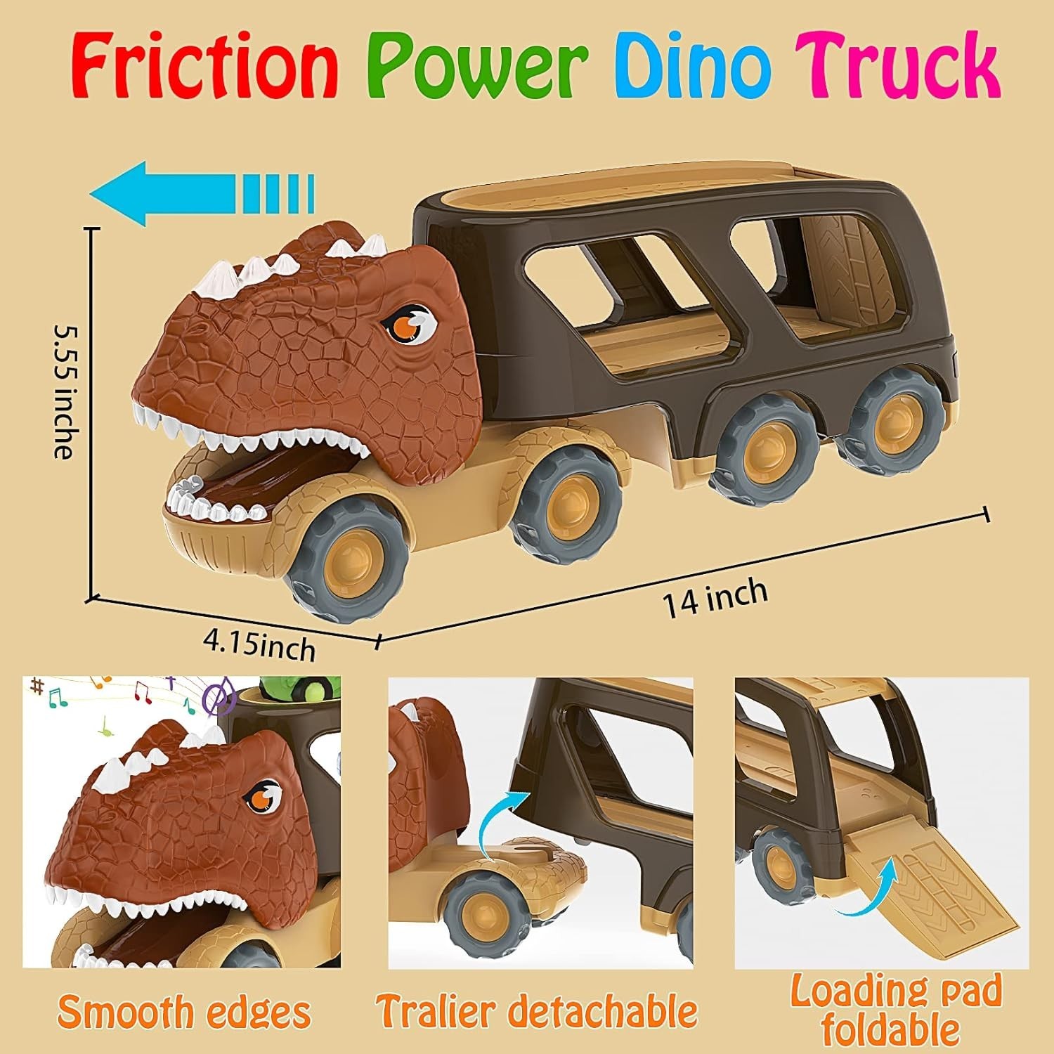 Dinosaur Car Toy for 2 3 4 5 Old Boys, Friction Power Carrier Truck with 4 P…