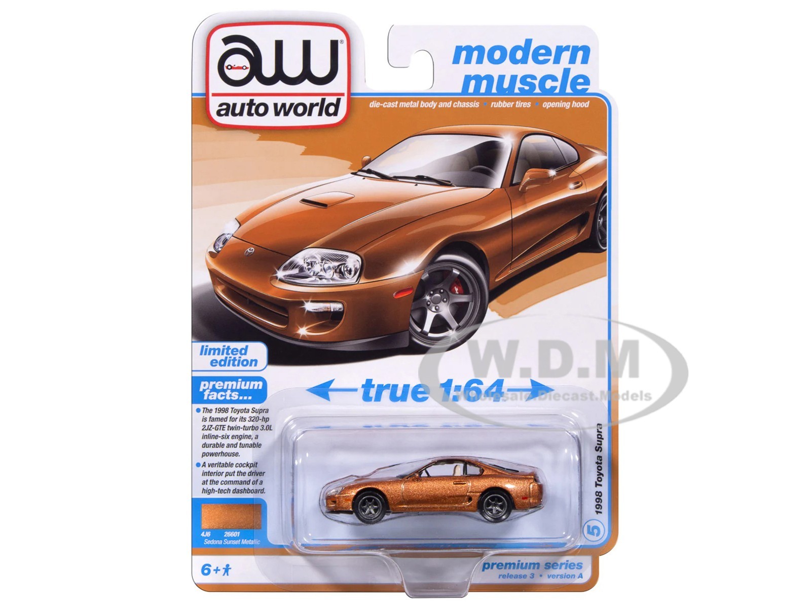 1998 TOYOTA SUPRA SEDONA SUNSET BRONZE 1/64 MODEL BY AUTO WORLD 64522-AWSP209 A