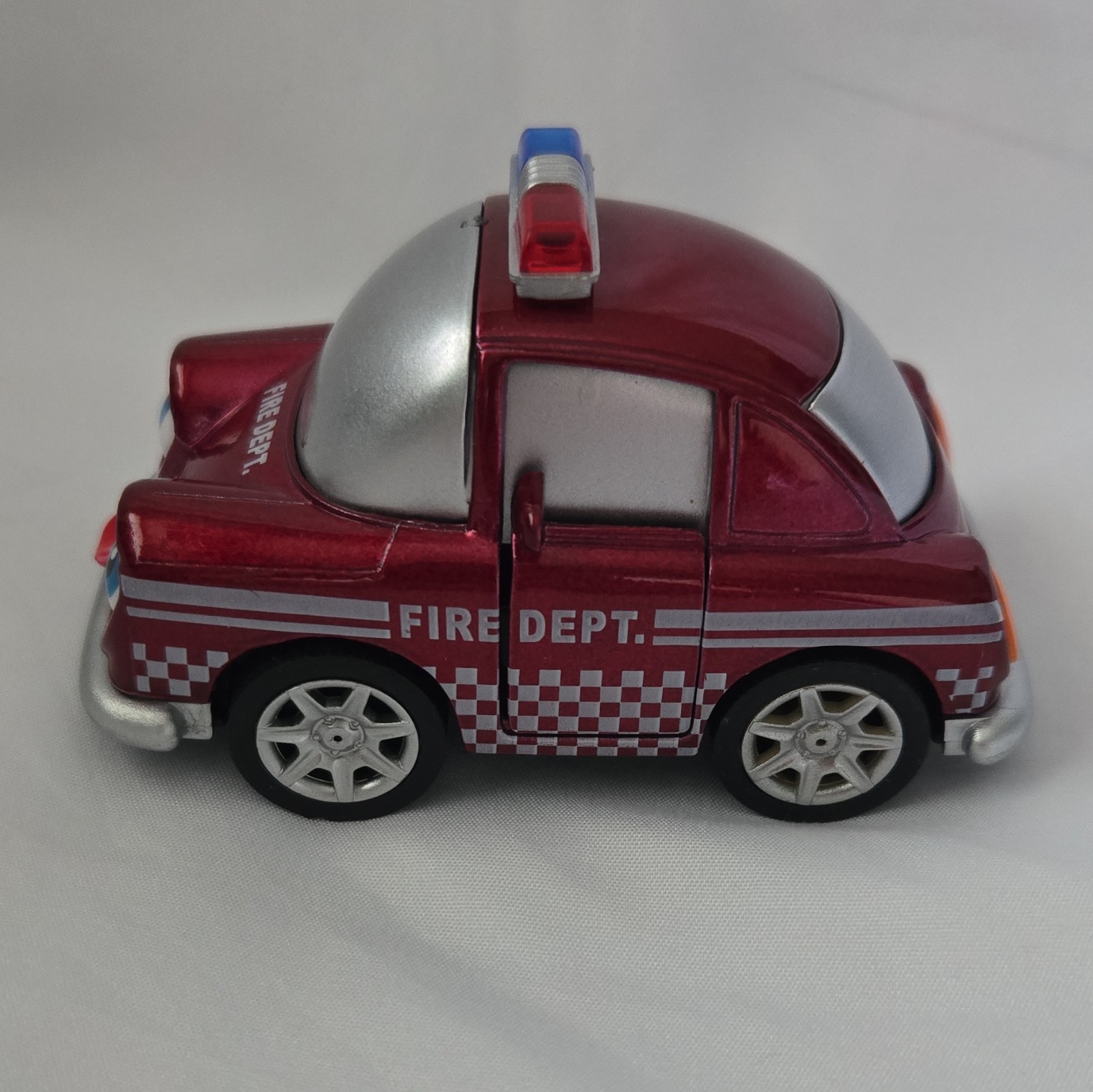 Fire Dept Diecast-Style Car Red/Silver w/ Light Bar, Opening Doors Moving Eyes