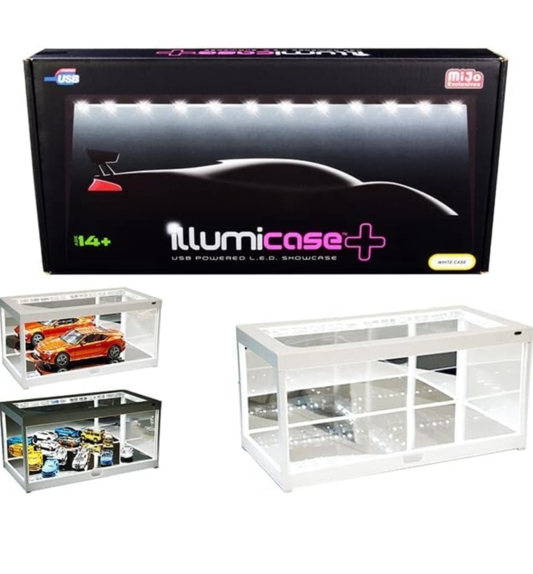 Pair 1:18 Collectible Display Show Case Illumicase LED Lights Mirror Base WHITE