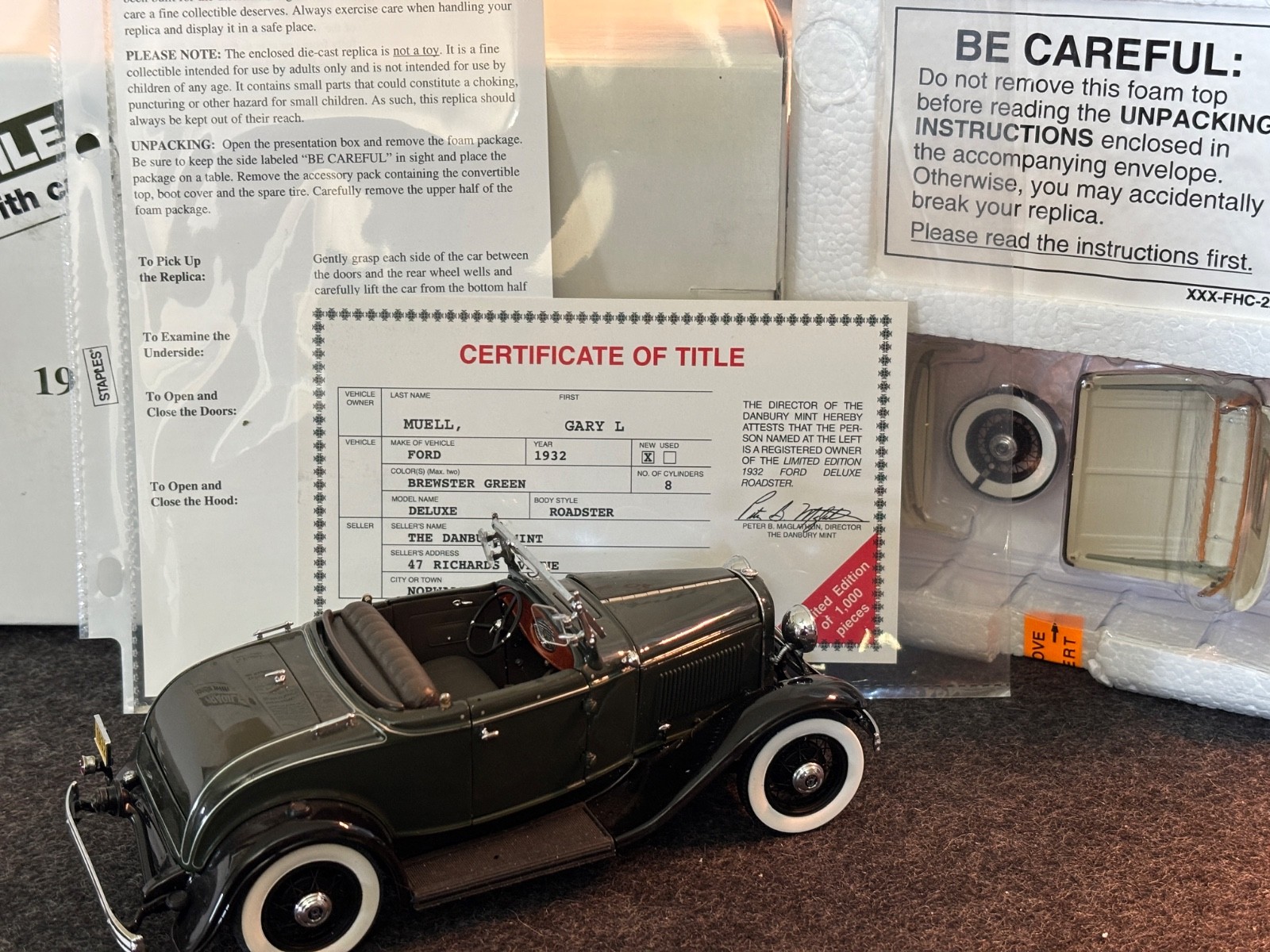 Danbury Mint Limited Edition 1932 Ford Deluxe Roadster GREEN, #54/1000 NIB Title