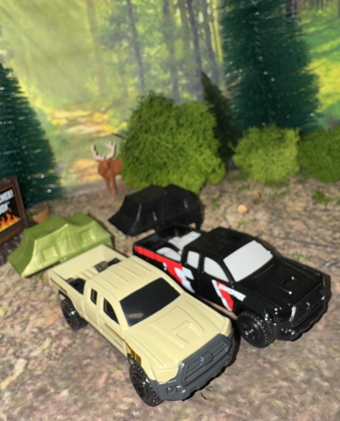 Lot Of 2 Toyota Tacoma Matchbox w/ Removable Camp Tent Black & Tan NLFFP 1:64 DC