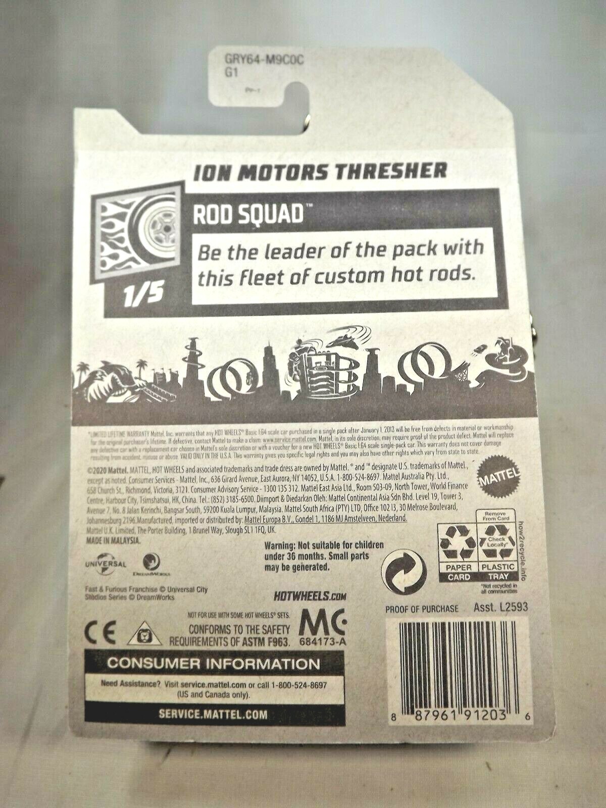 2021 Hot Wheels #72 Rod Squad 1/5 ION MOTORS THRESHER Gray w/Chrome 10 Spokes