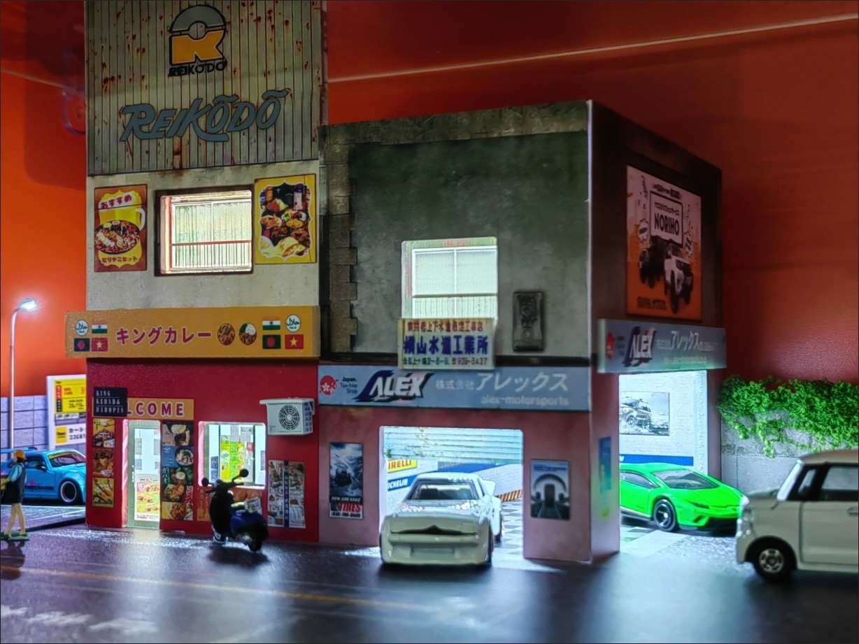 Diorama 1:64 Diecast Garage Model LED Japanese Parking Lot Scene Display Case US