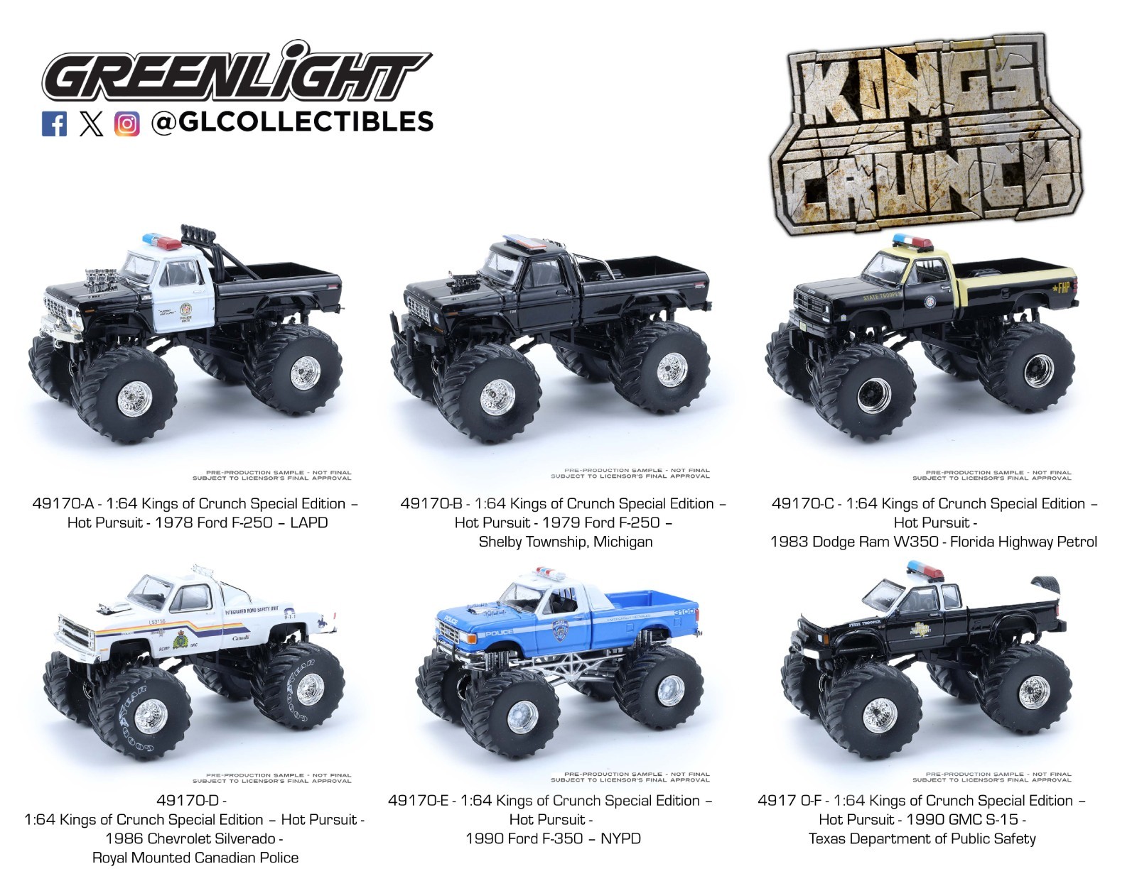 GREENLIGHT KINGS OF CRUNCH 2025 SPECIAL EDITION HOT PURSUIT COMPLETE SET OF 6