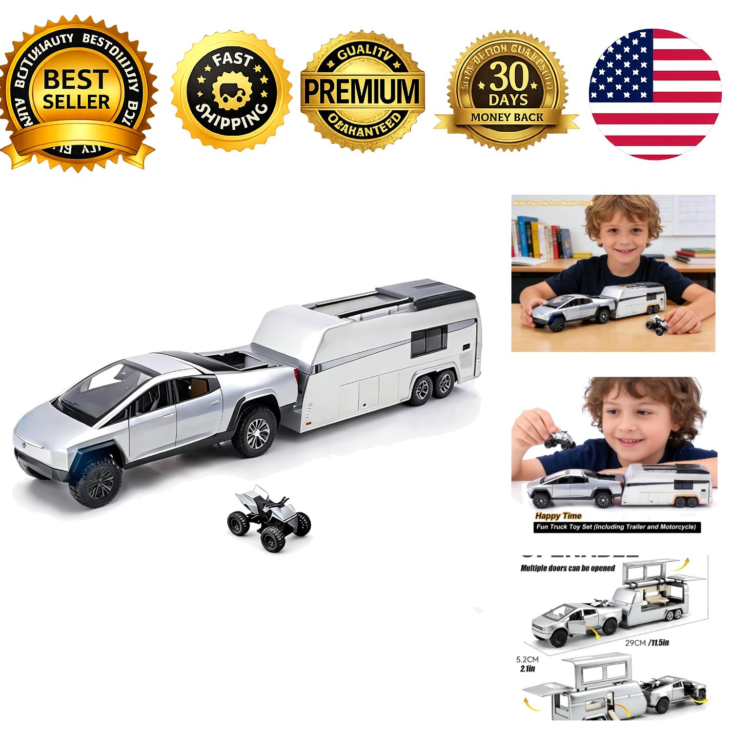 Cyberpickup alloy toy truck set with trailer and motorcycle pull back sound