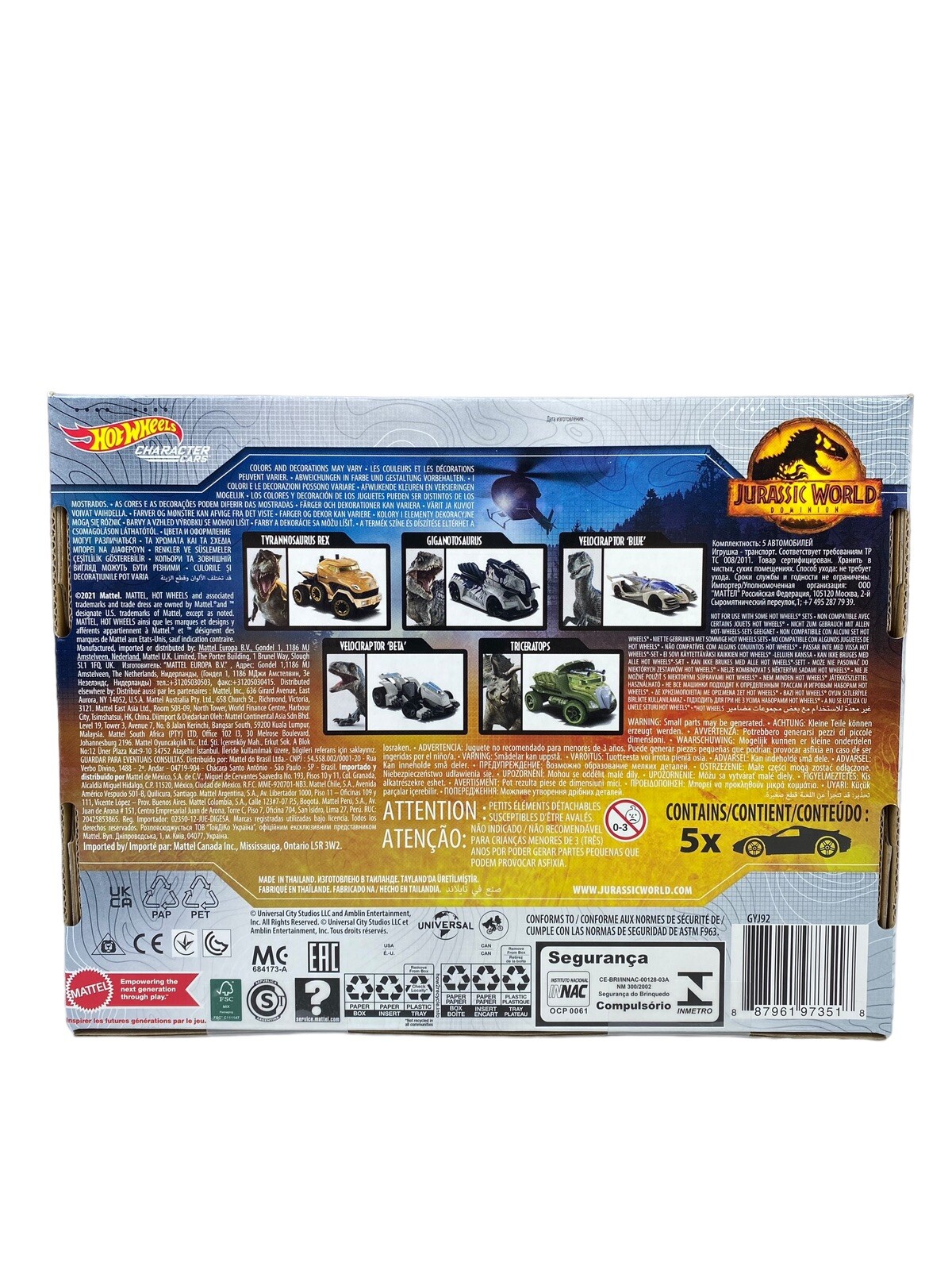 Hot Wheels Jurassic World Dominion Toy Character Cars 5-Pack in 1:64 Scale
