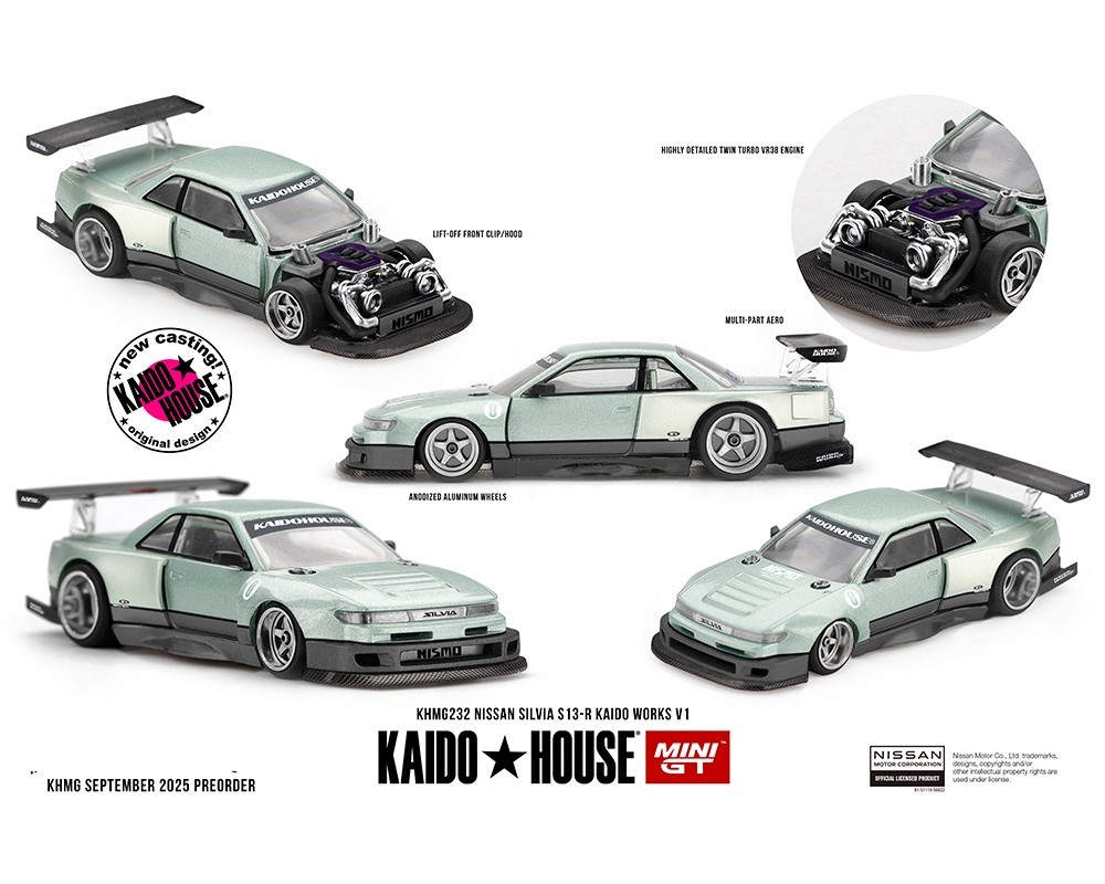 Kaido House x Mini GT Nissan Silvia S13R KAIDO WORKS V1 Sea Foam Green #232 1/64