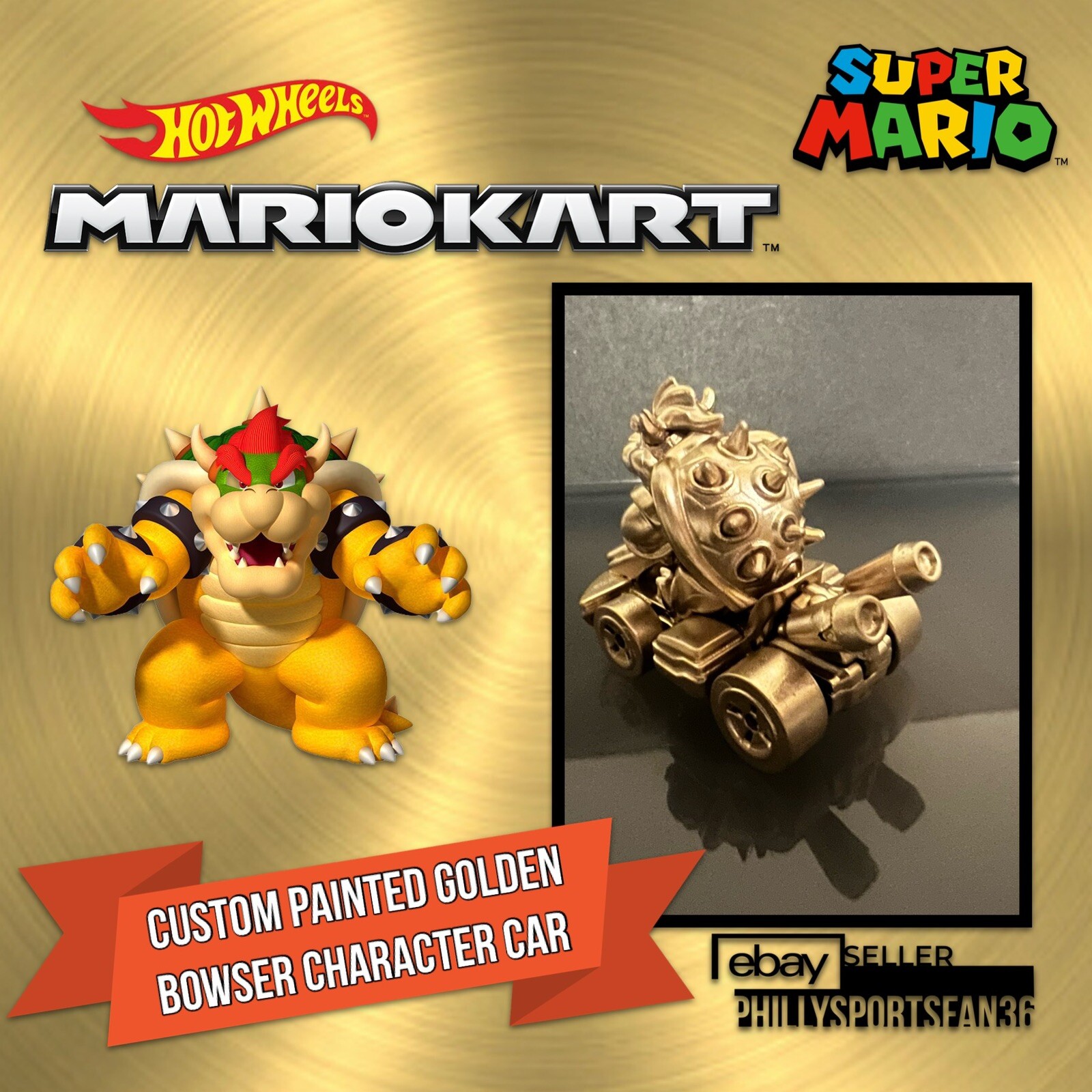 BOWSER STANDARD KART Hot Wheels Mario Kart 2022 TOTY Mattel Custom GOLD PAINTED