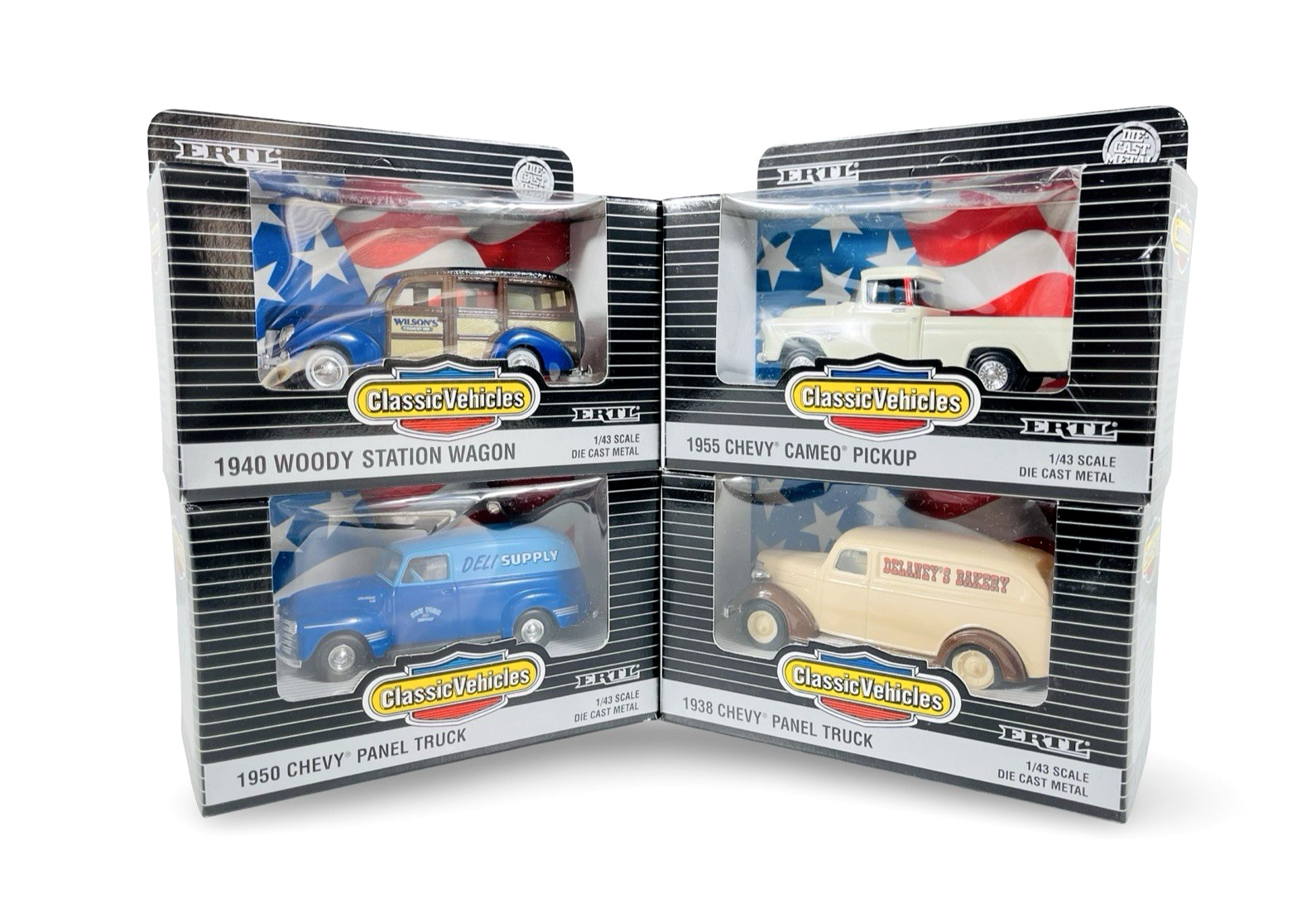 Qty 4 Ertl Delivery Woody & Panel Trucks, Pick-Up Die Cast~ NRFB 1:43 O Scale