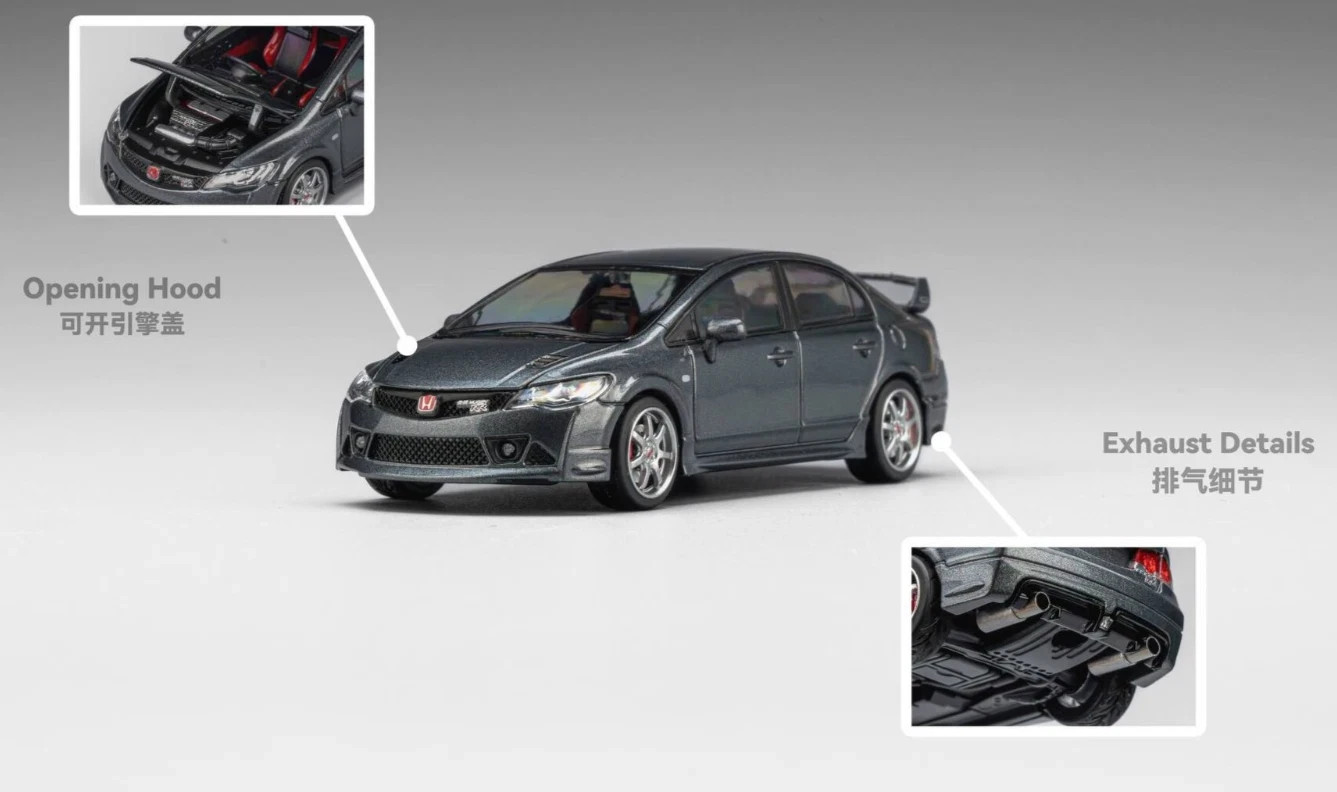 HONDA CIVIC FD2 MUGEN POWER HOOD COMES OFF 1/64 DIECAST CAR BY MICRO TURBO MT